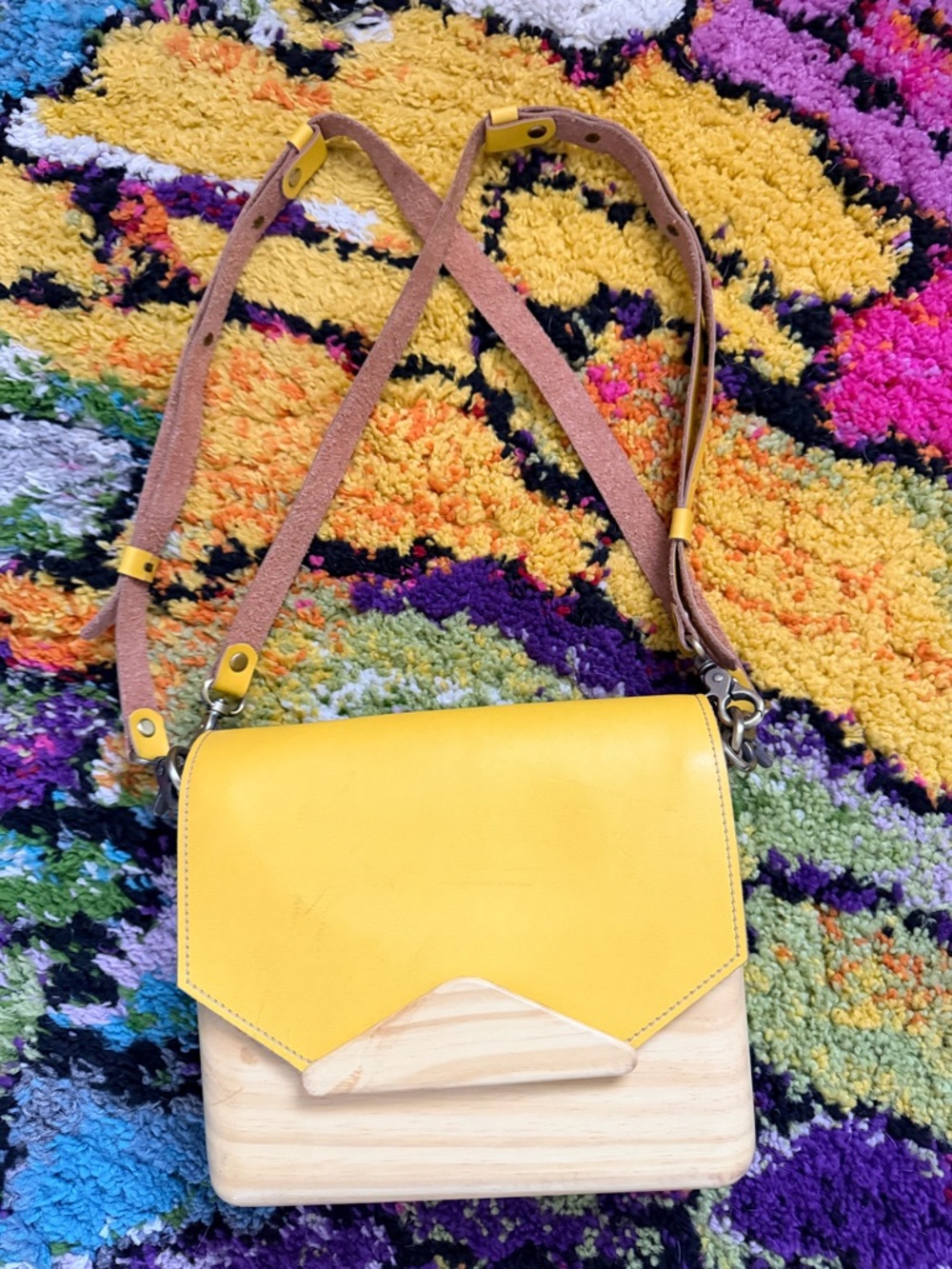 Woodview Sculptural Wooden Handbag with Mustard Leather Flap